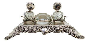 Relief Silver and Glass Inkwell with Floral Motifs and Reliefs