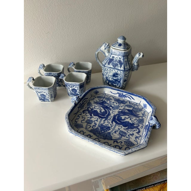 Vintage Porcelain Blue and White Chinese Dragon Tea Set- 6 Pieces For Sale - Image 4 of 11