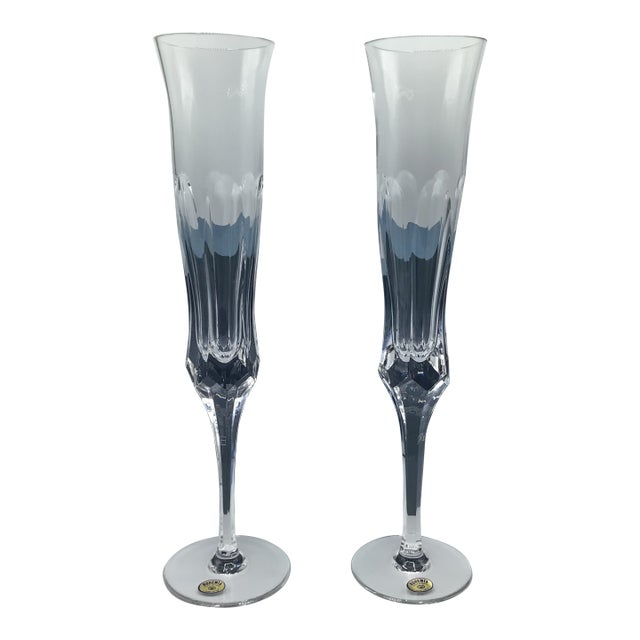 Rare pair of Bohemia cut crystal art glass champagne flutes. Beautiful hand crafted pair of unusually tall heavy champagne...