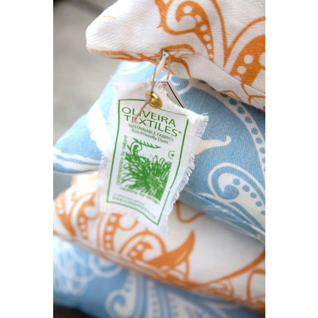 Off-white Artisan “Fish” Turq/Blue Colorway - Sustainably Handprinted on Linen - 14” X 24” Lumbar Pillow For Sale - Image 8 of 12