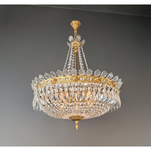 Antique Oval Empire Style Crystal Chandelier Brass Neoclassical Light Restored For Sale - Image 10 of 15