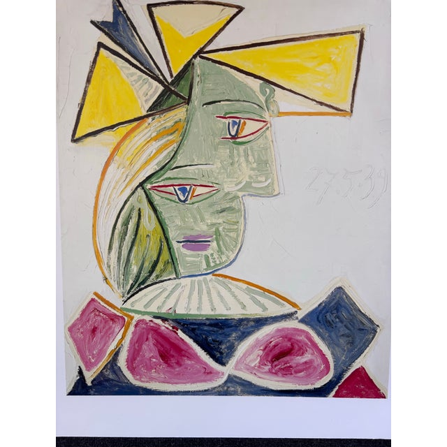 Abstract Picasso Bust of a Woman With a Yellow Hat and a Blue Ribbon (Marie-Thérèse) Published Lithograph Reproduction Print For Sale - Image 3 of 8