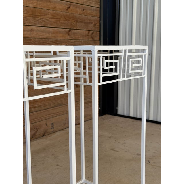 Mid-Century Modern Pair of Vintage Coastal Regency Greek Key Plant Stands For Sale - Image 3 of 12