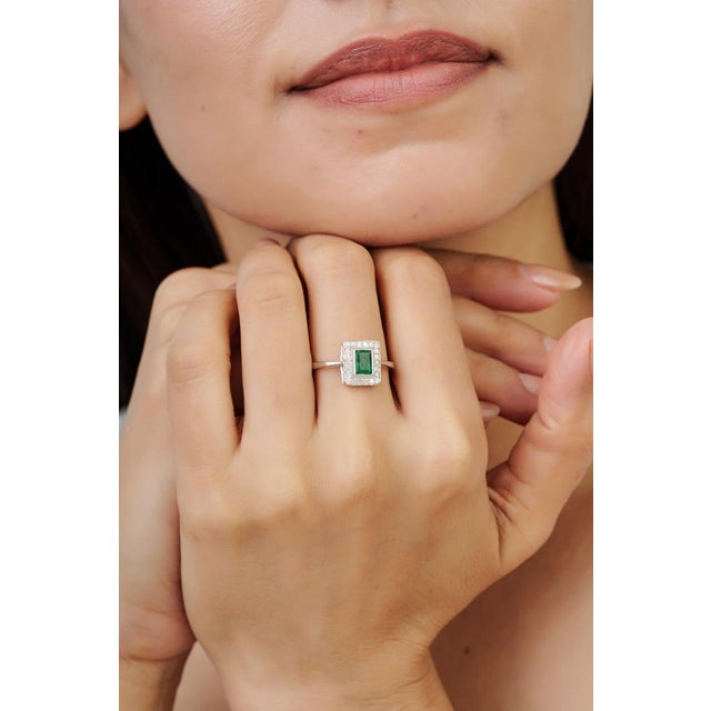 Not Yet Made - Made To Order Octagon Cut Geometric Zambian Emerald Ring With Diamond Halo in Silver, Size 8 For Sale - Image 5 of 14