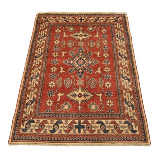 Kazak Rug 4′ X 5’4” Red Wool Tribal Hand-Knotted Oriental Carpet For Sale