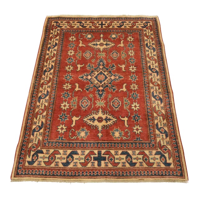 Kazak Rug 4′ X 5’4” Red Wool Tribal Hand-Knotted Oriental Carpet For Sale