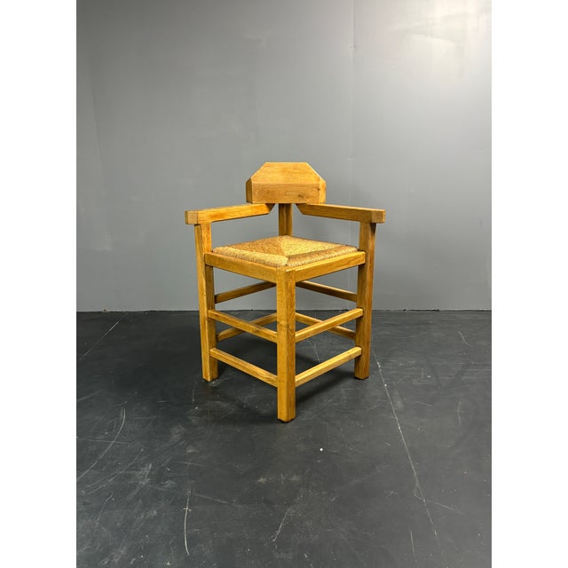 Postmodern Brutalist Dutch Oak Corner Chair with Rush Seat, 1970s For Sale - Image 13 of 18