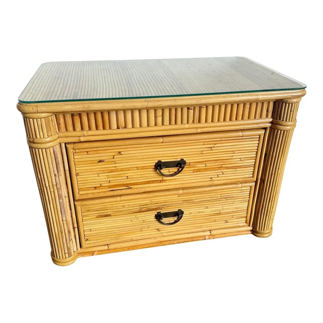 Boho Chic Pencil Reed Nightstand/Commode With Glass Top For Sale