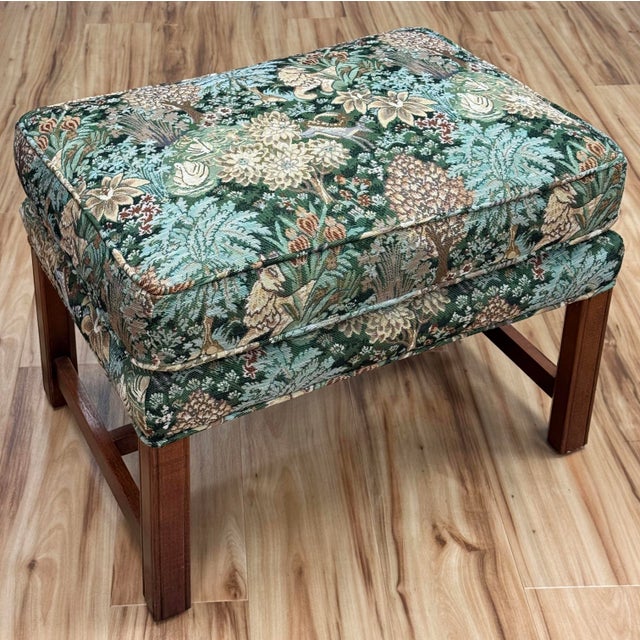 Charming vintage carved wood bench newly upholstered with Bamburgh Forest Whimsical Woods woven tapestry Hamilton fabric....