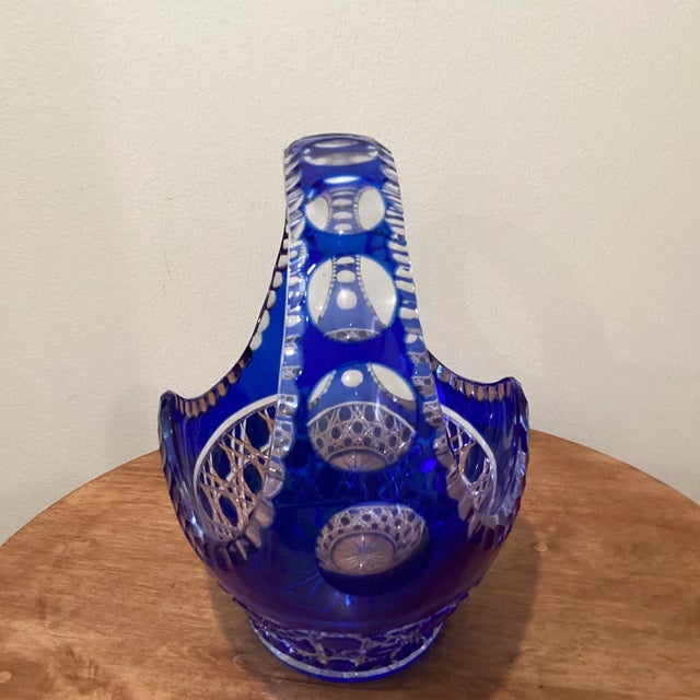 Stunning Bohemian vintage cobalt blue cut-to-clear crystal centerpiece basket is a beautiful and unique decorative piece...