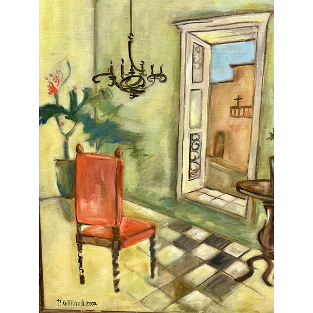 Charming vintage Spanish-style interior painting depicting an intimate, sunlit room with a striking red chair,...