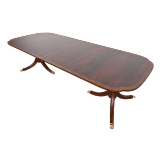 Baker Furniture Style Georgian Banded Flame Mahogany Double Pedestal Extension Dining Table, Newly Refinished For Sale
