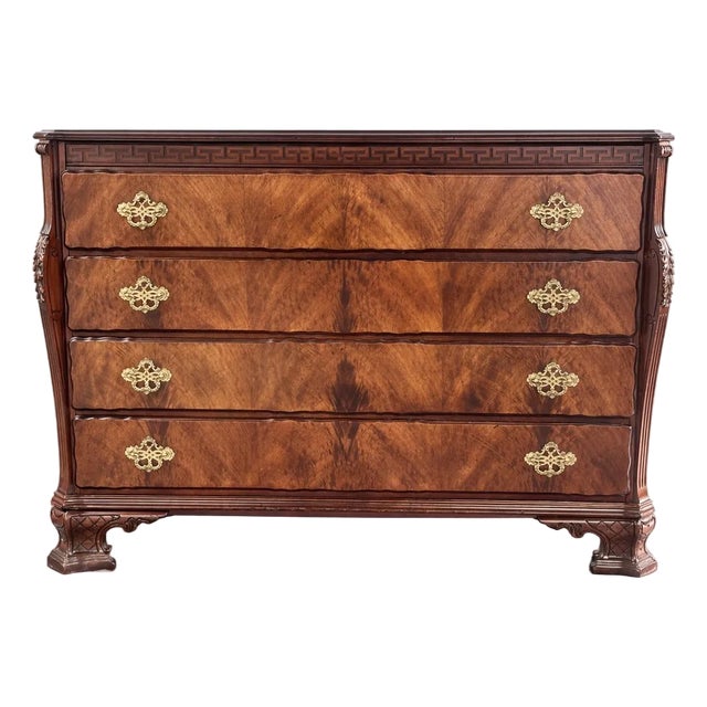 1940s Georgian Revival Flame Mahogany Dresser With Greek Key Frieze & Original Brass Hardware For Sale