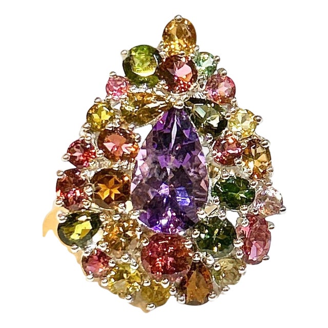 Bochic "Orient" Vintage Amethyst & Multi Tourmaline Ring 18K Gold & Silver For Sale