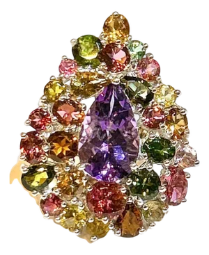 Bochic "Orient" Vintage Amethyst & Multi Tourmaline Ring 18K Gold & Silver