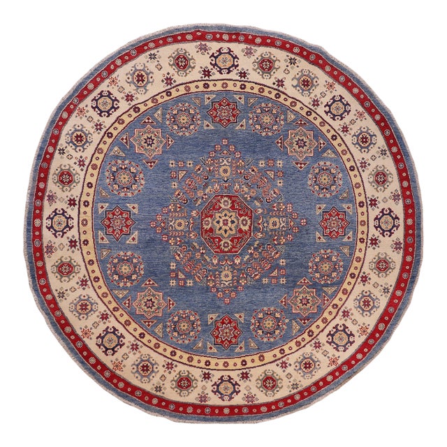 Boho Chic Kazak Light Blue/Beige Wool Round Rug- 8'0''x8'0'' For Sale