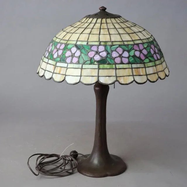 Arts & Crafts Antique Handel Bronze Table Lamp With Unique Floral Leaded Glass Shade C1930 For Sale - Image 3 of 4