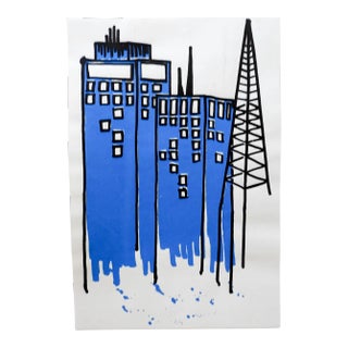 Contemporary Abstract Blue & Black Cityscape Serigraph For Sale
