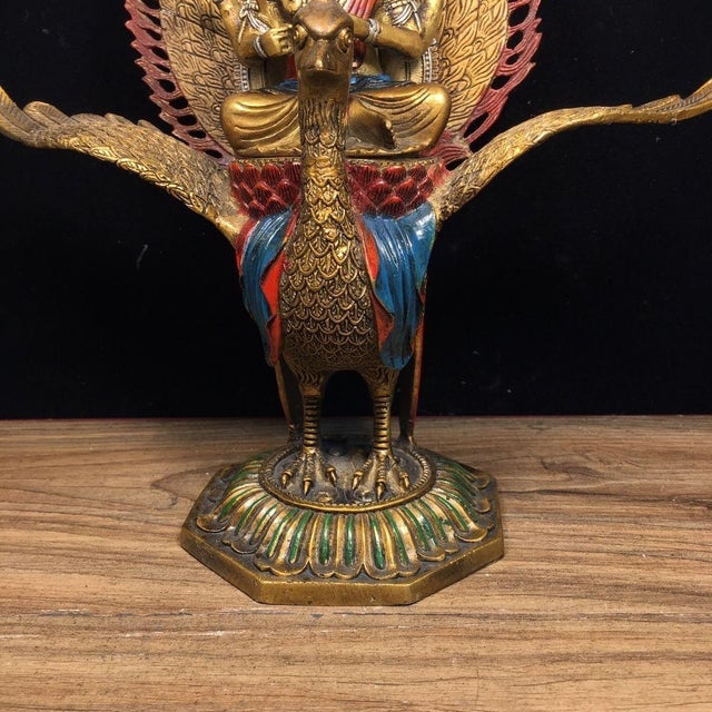 Bronze Vintage Gilt Bronze Sculpture of Mahamayuri Peacock King With Removable Deity Figure For Sale - Image 8 of 9