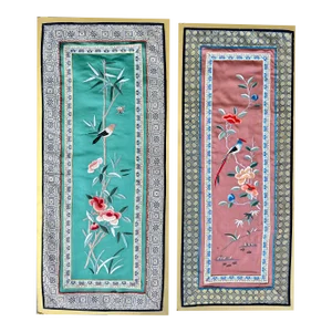 Chinoiserie Floral Bamboo and Bird Embroidered Silk Brocade Panels- - Pair