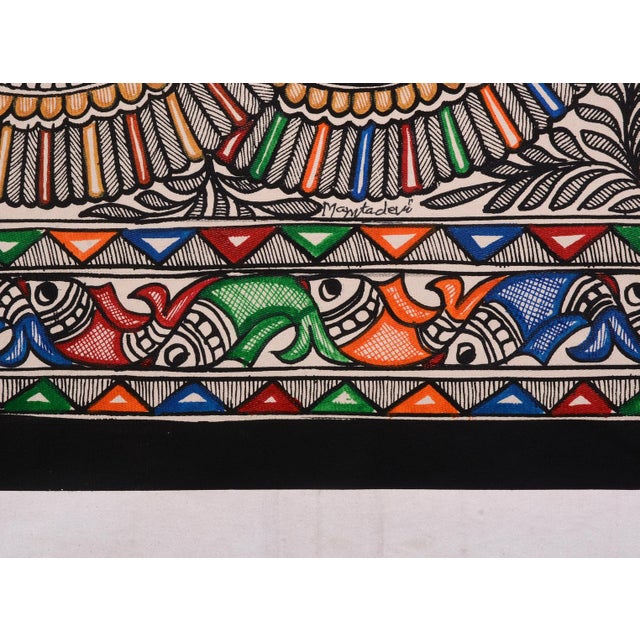 Folk Art Mamta Devi (2016 National Award Winner) Hand-Painted Madhubani Fish Motif Folk Painting on Handmade Khadi Paper For Sale - Image 3 of 4