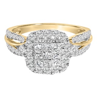 10K Yellow Gold 1.0 Cttw Diamond Composite Cushion-Shape Halo 3-Band-Look Engagement Ring (H-I Color, SI1-SI2 Clarity) - Size 6-3/4 For Sale