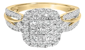 10K Yellow Gold 1.0 Cttw Diamond Composite Cushion-Shape Halo 3-Band-Look Engagement Ring (H-I Color, SI1-SI2 Clarity) - Size 6-3/4