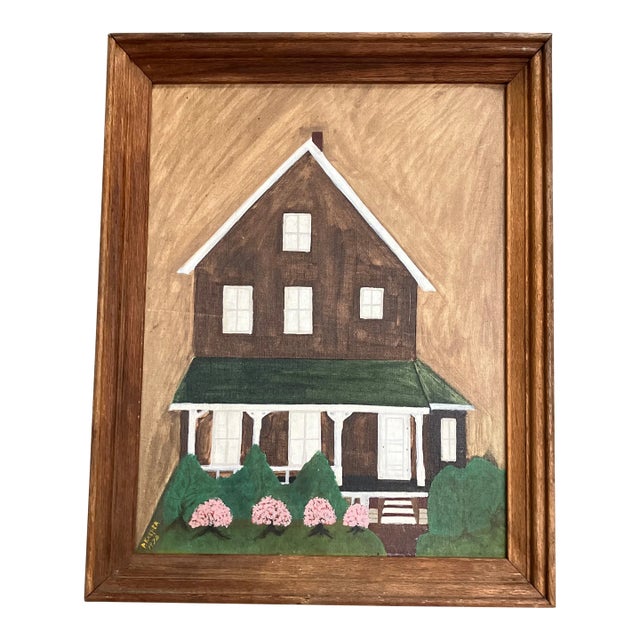 1970’s Original Primitive Folk Art Painting House & Garden Vintage Oak Frame For Sale