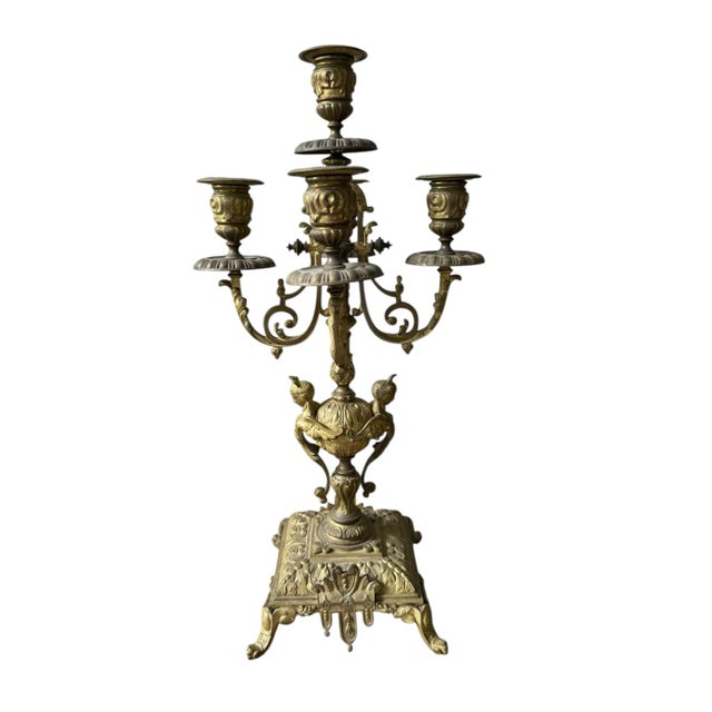 1940s Brass Candelabra Pair With Five Arm Design in Rococo Style For Sale - Image 10 of 12