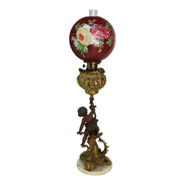 19th Century Bradley & Hubbard Victorian Brass, Bronze, Marble & Glass Figural Oil Lamp For Sale - Image 11 of 14