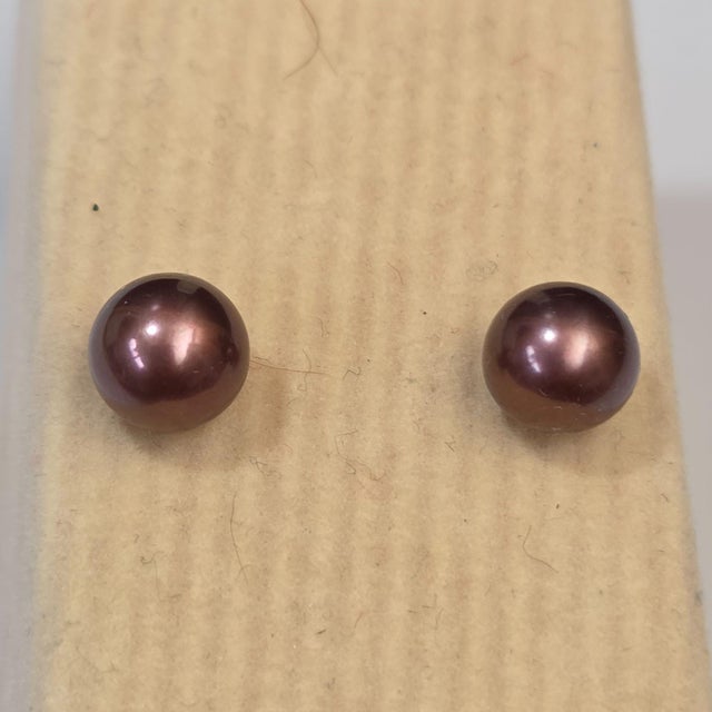 Vintage 14k Gold Chocolate Brown Freshwater Pearl Set Necklace Bracelet & Stud Earrings in Wood Box For Sale In Las Vegas - Image 6 of 7