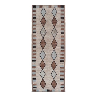Moroccan Tribal Runner With Geometric Design in Earthy Browns and Cool Blue 4'5 X 12'5 For Sale