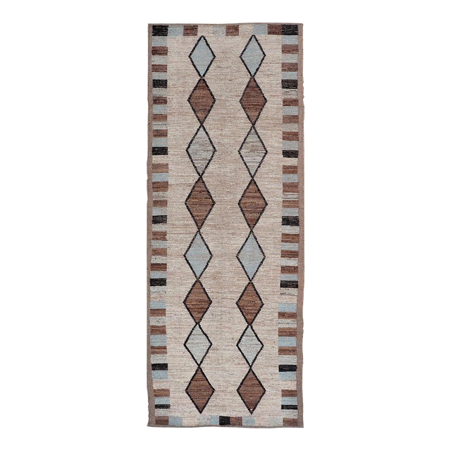 Moroccan Tribal Runner With Geometric Design in Earthy Browns and Cool Blue 4'5 X 12'5 For Sale