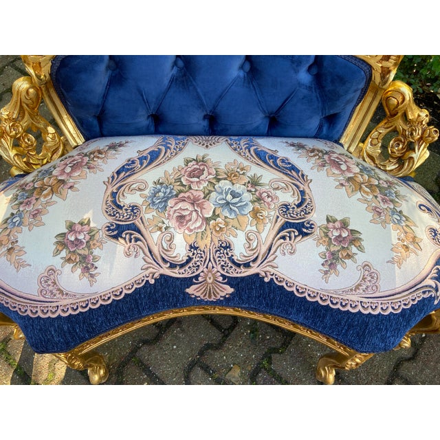 1980s French Louis XVI Blue Gold Beech Velvet Settee For Sale - Image 13 of 14