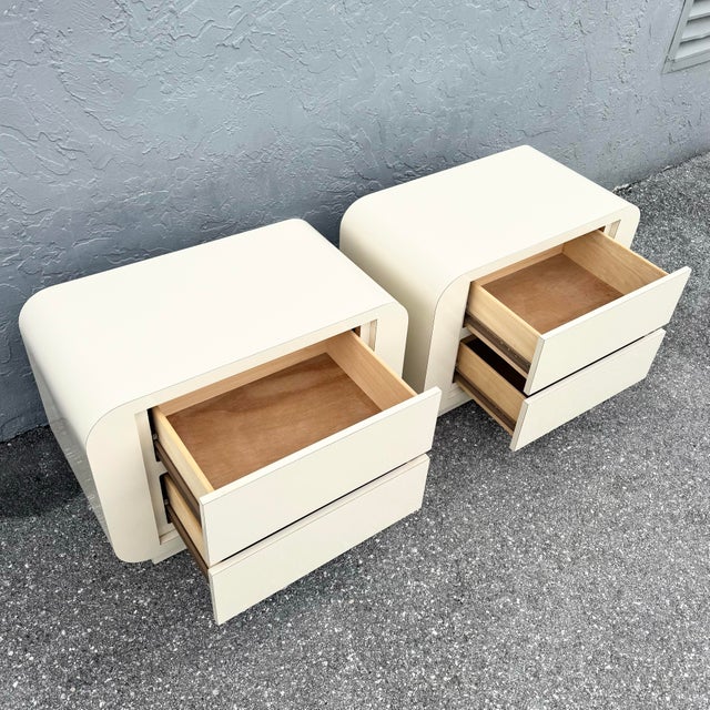Postmodern Postmodern Cream Gloss Laminate Waterfall Nightstands - A Pair For Sale - Image 3 of 8