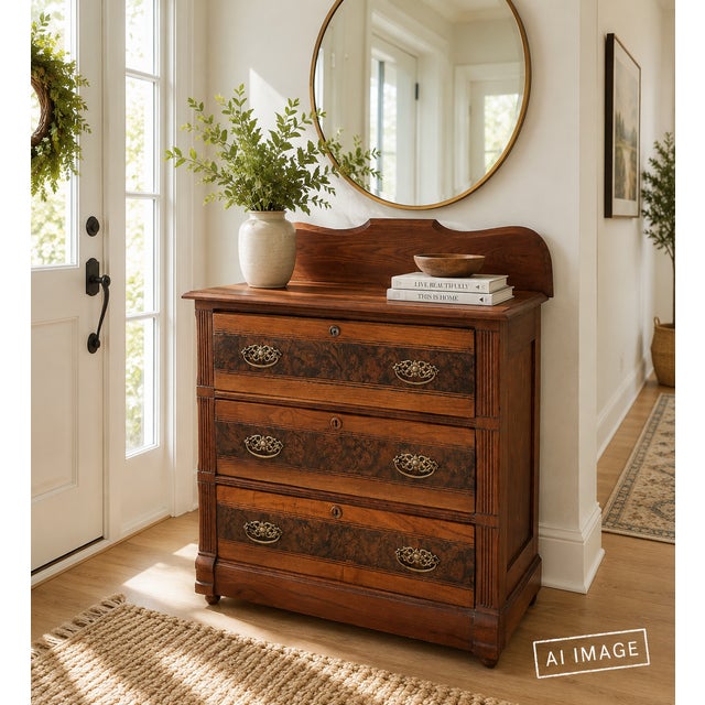Wood Antique Eastlake Walnut Dresser | Late 19th Century | Professionally Restored | Original Hardware For Sale - Image 7 of 12