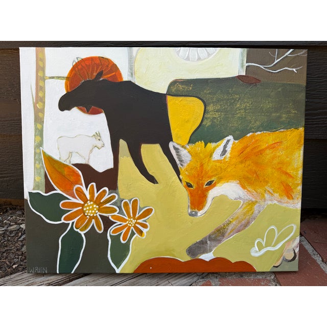 This 20"x 16" painting on stretched canvas comes ready to hang with sides painted brown. The scene is of the animals I...
