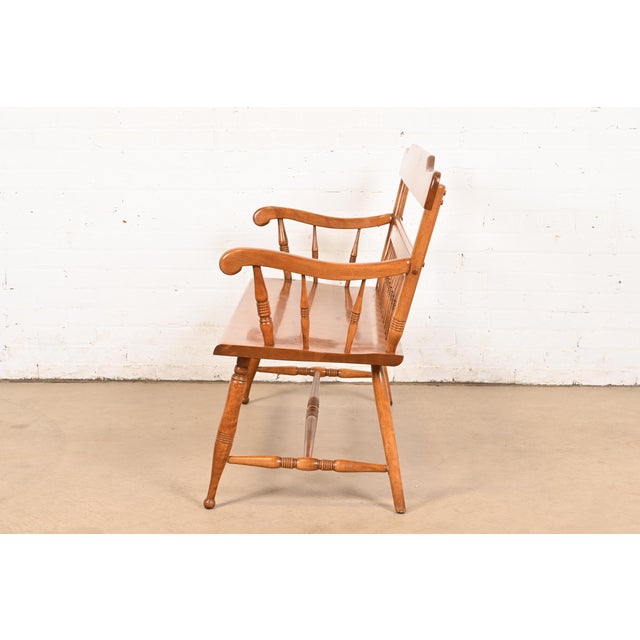 Wood Ethan Allen American Colonial Carved Solid Maple Spindle Bench For Sale - Image 7 of 10