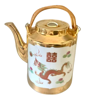 Vintage Dragon and Phoenix Decorated Gilt Teapot With Bamboo Handle