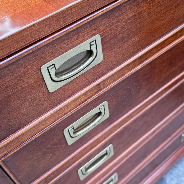 Wood Pair of Campaign Style Mahogany Foyer Chests With Brass Recessed Hardware, Late 20th Century For Sale - Image 7 of 10