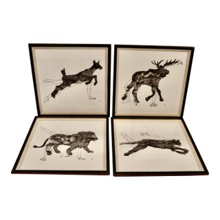 Zoe Bios Framed Male Form Drawings With Watercolor Animal Overlays - Set of 4 For Sale