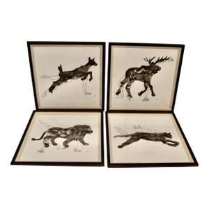 Zoe Bios Framed Male Form Drawings With Watercolor Animal Overlays - Set of 4