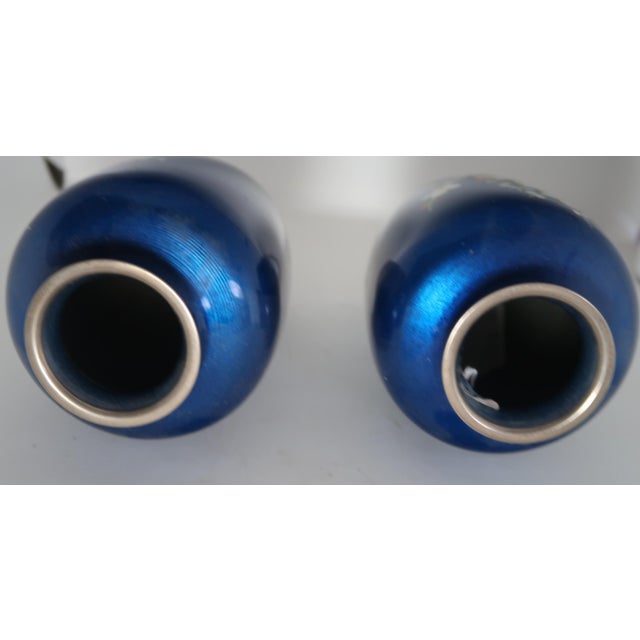 Metal Pair of Antique Japanese Cloisonné Cobalt Blue Enamel Vases With Cherry Blossom and Foliage Motif. For Sale - Image 7 of 8