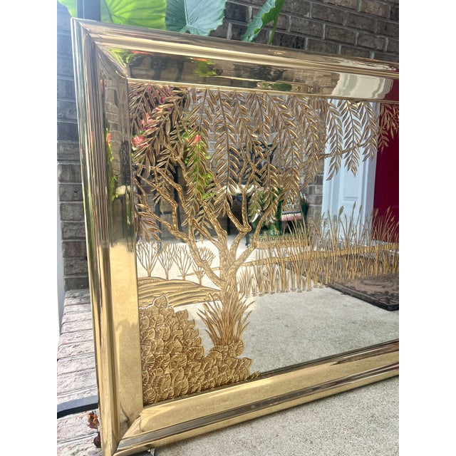 Hollywood Regency Large Hollywood Regency Chinoiserie Brass Etched Mirror 53.5” X 29.5” For Sale - Image 3 of 8