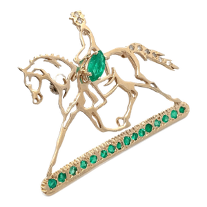 14k Yellow Gold Emerald and Diamond Studded Horse Rider Brooch