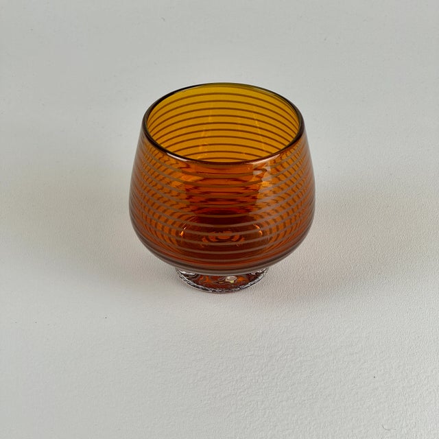 Vintage Signed Hand Blown Small Round Glass Vase in Amber Color With White Swirling Stripe For Sale - Image 4 of 9