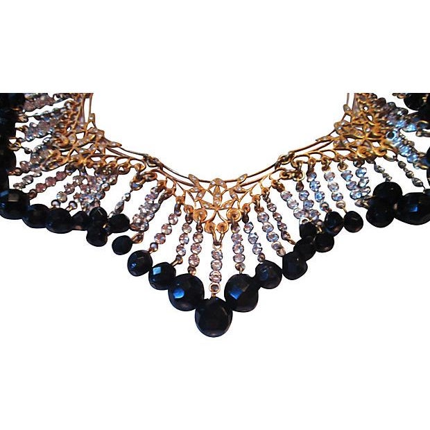 Rare collectible Haskell-signed statement collar with seven intricate swag filigree panels with dangling rhinestone and...