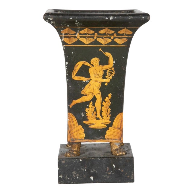 19th Century French Neoclassical Tole Peinte and Gilt Urn Cachepot For Sale