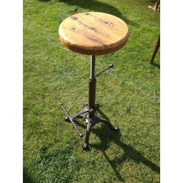 Industrial Industrial Adjustable Cast Iron Bar Stool with Wooden Seat For Sale - Image 3 of 4