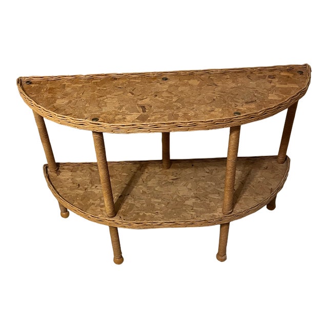 1970s Vintage Two-Tier Rattan Demilune Console Table With a Half-Moon Design For Sale